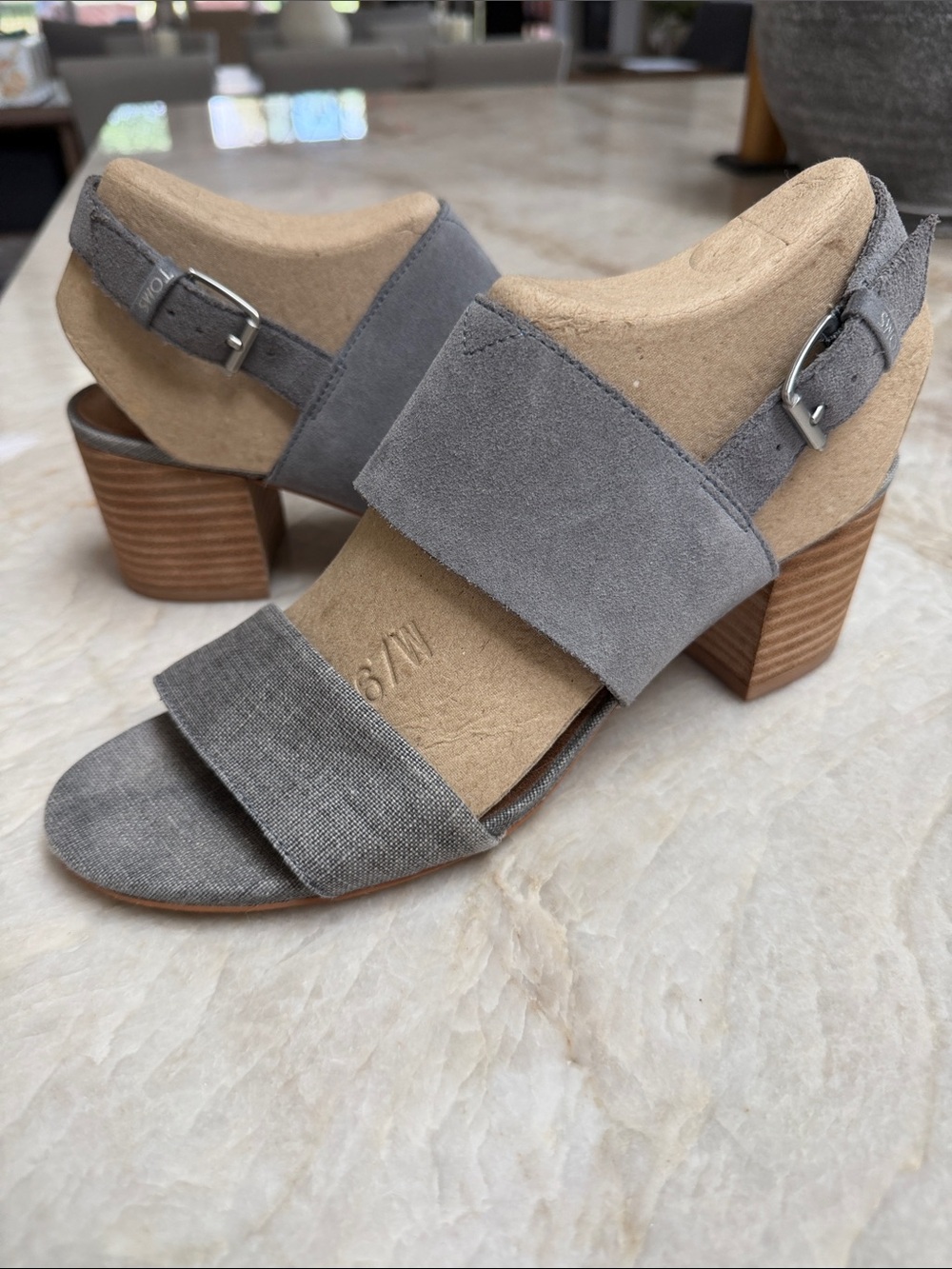 Toms Gray Suede Block Heel Sandals